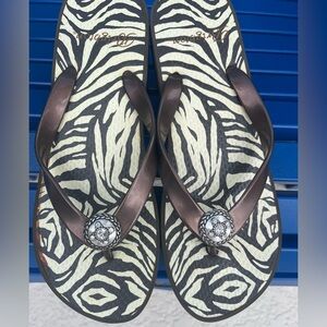 Brighton Wedge Flip Flop Zebra pattern Sandals with Brown Straps NWT